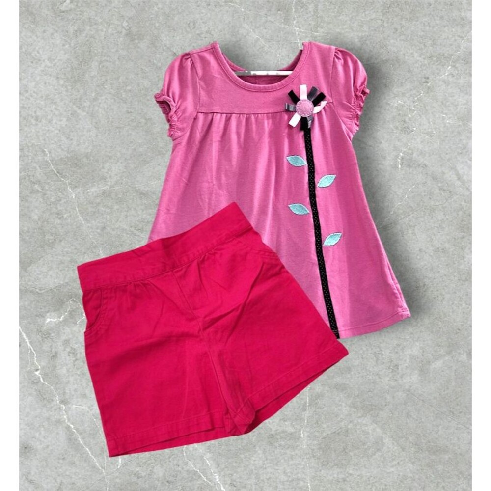 Kids Headquarters Girls 2 Piece Short Sleeve Pink Tunic Shorts Futchsia Size 6X